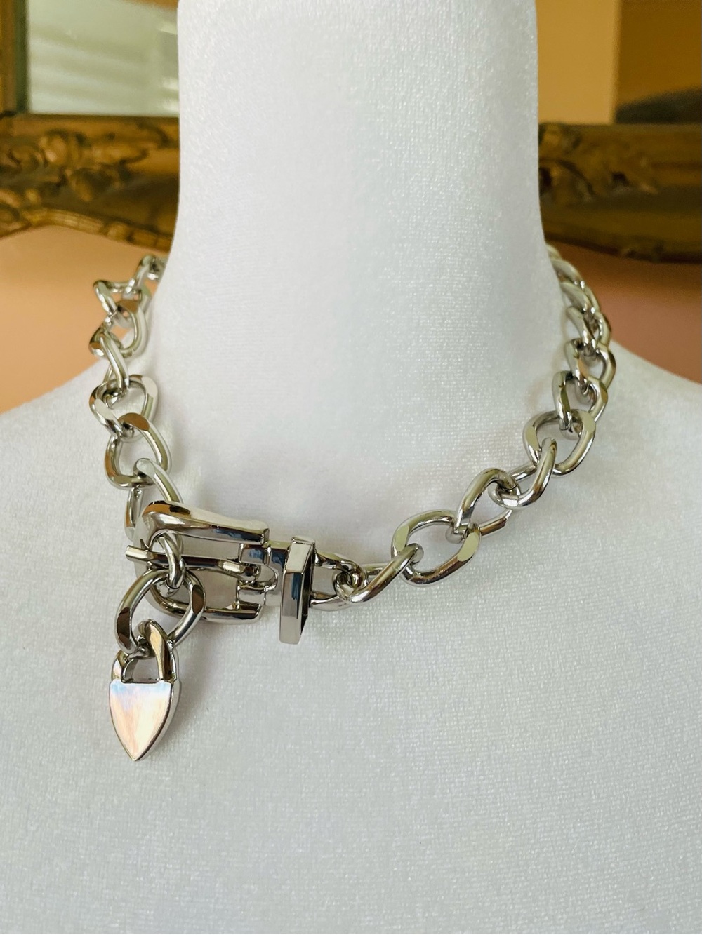 Silver Tone Chunky Chain Belt Buckle Cuban Choker Necklace with Heart Padlock